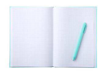 Pen and open notebook isolated on white, top view