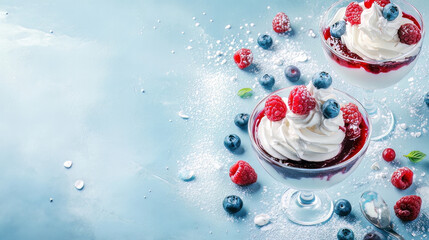 Eton Mess is a classic summer dessert. Over a light blue concrete backdrop, two glasses of broken meringue with whipped cream, berry jam, fresh blueberries, and raspberries are displayed. Square pictu