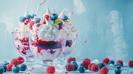 Eton Mess is a classic summer dessert. Over a light blue concrete backdrop, two glasses of broken meringue with whipped cream, berry jam, fresh blueberries, and raspberries are displayed. Square pictu