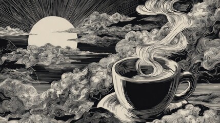 A steaming cup of coffee emerges from swirling clouds under a dramatic sun, illustrated in a monochrome, surreal art style that blends nature and imagination.