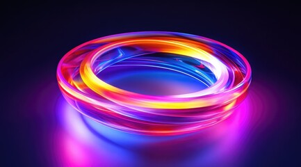 Vibrant, glowing, concentric rings of light, rendered in vivid hues of red, orange, yellow, and blue, rest on a dark, reflective surface