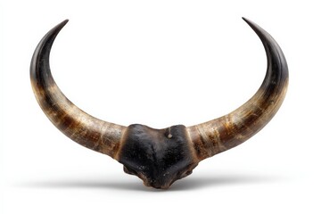 Fototapeta premium Majestic bull horns, dark brown and tan, curve elegantly against a stark white background.