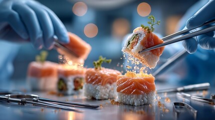 Surgical hands plating sushi with fish roe sparkles in clinical environment. Concept of food as precision science, molecular gastronomy, and surreal culinary art