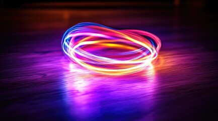 Vibrant, multicolored light trails form concentric circles on a dark wooden floor, creating a glowing, abstract ring with reflections
