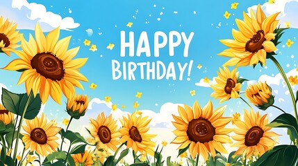 A flat vector banner with vibrant yellow sunflowers along the bottom edge, bright blue sky background with white clouds, centered bold “HAPPY BIRTHDAY!” in white sans-serif font.