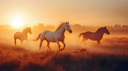 Galloping black horse silhouettes against a sunset sky in a field