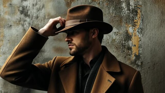 Mysterious man in brown coat and hat adjusts brim against rustic wall background