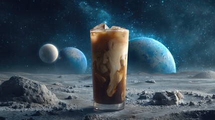A glass of iced coffee stands on a surreal, moon-like surface with swirling planets in the background, blending cosmic mystery with everyday refreshment.