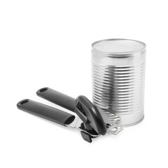 Can opener and tin isolated on white