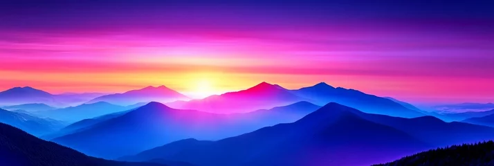 Gordijnen Roze Serene Sunrise Mountain Range - Peaceful sunrise over majestic mountains, symbolizing tranquility, hope, new beginnings, adventure, and serenity. A vibrant and colorful landscape  © facegolf