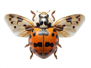 A detailed close-up of a ladybug with its wings spread, showcasing intricate details and vibrant colors.