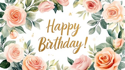 A pastel floral wreath banner, soft pink and peach roses in a circular frame, &ldquo;Happy Birthday!&rdquo; handwritten in light gold script at center, clean white canvas background.