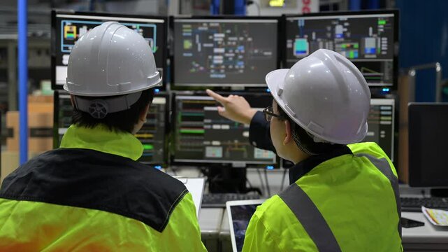 Engineer working at control room,Manager control system,Technician man monitoring program from a lot of monitor,Consultation on system failure issues
