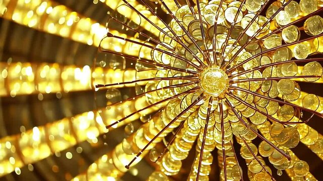 Close-up of a golden, circular, ornate structure with radiating spokes and shimmering discs, reminiscent of a coin-filled chandelier