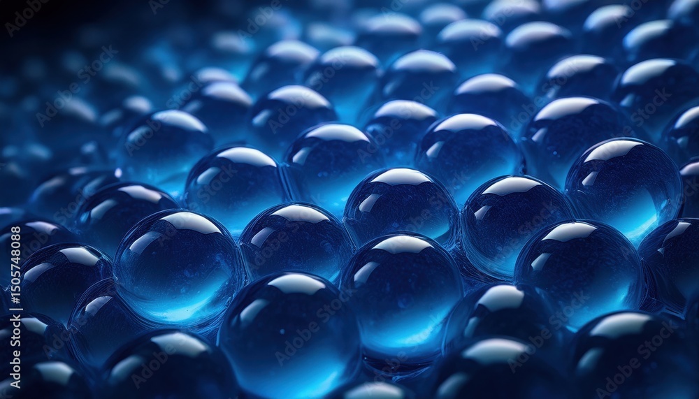 Poster glossy blue gel spheres macro close-up with luminous highlights for abstract background, web design texture, branding accent, or print media detail

