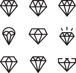 Collection of nine diamond icons line art style