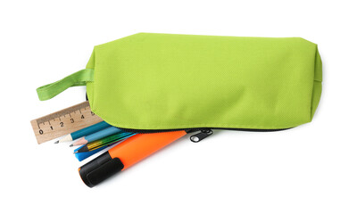 Different stationery in pencil case isolated on white, top view