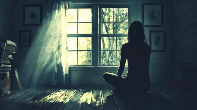 Silhouette meditation at sunrise: peaceful morning light through a rustic window frame
