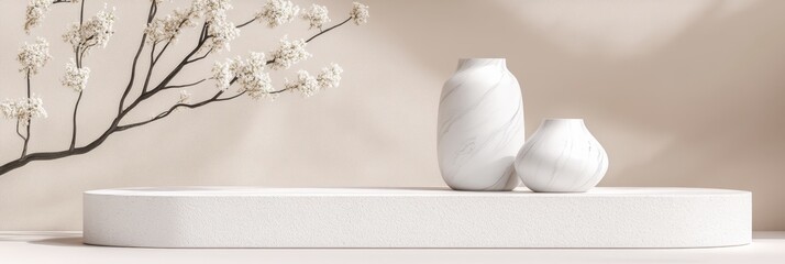 Serene White Vases and Blossoms - Elegant white vases and delicate blossoms arranged on a minimalist white platform against a neutral background. Perfect for home decor, spa, or wellness branding