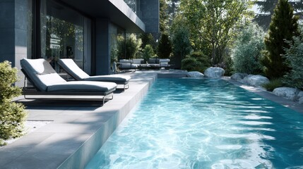 Concrete pool edge with loungers and modern house background