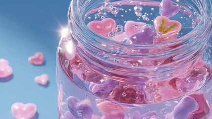 Aesthetic jar filled with pink and purple heart-shaped objects floating in liquid, surrounded by bubbles against a soft blue background.