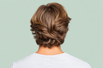 Medium layered haircut with highlights on man wearing white shirt, back view