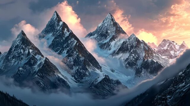 Majestic mountain peaks at sunset with rolling clouds