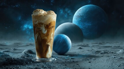 A glass of iced coffee stands on a surreal, moon-like surface with swirling planets in the background, blending cosmic mystery with everyday refreshment.