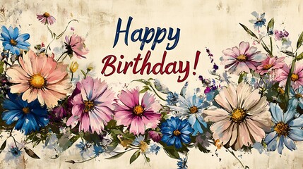 A soft vintage floral banner with wild daisy and aster bouquet edges, center &ldquo;Happy Birthday!&rdquo; in italic serif type, textured linen paper background with tea-stained tones.