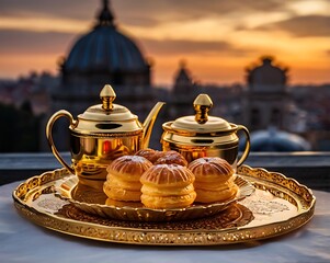 Golden Tray with Tea Set and Pastries at Dusk