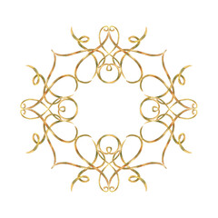 Gold curls frame, wreath from ribbons. Hand-painted in watercolor with gold paint accents. Isolate frame from elements for decorating and designing textiles, interior, wallpaper, prints, packaging