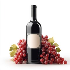 Fototapeta premium Wine bottle with blank label and bunches of red grapes on white background