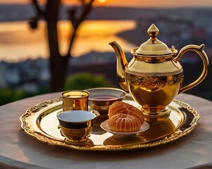 Golden Tray with Tea Set and Pastries at Dusk