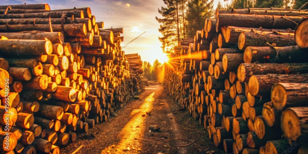 Aufkleber A golden path illuminated by the setting sun cuts through a forest of stacked logs, creating a mesmerizing pathway between rows of felled trees.