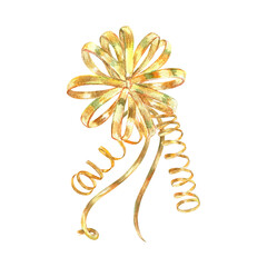 Gold vibrant collection of curls, bows, ribbons, hand-painted in watercolor with gold paint accents. Isolate elements are presented for decorating and designing textiles, interior, wallpaper, prints