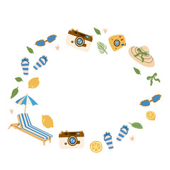 Summer vacation sticker set featuring beach elements and travel icons for creative design.