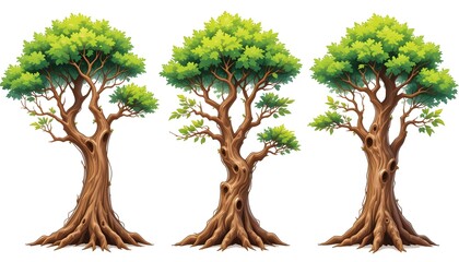 Three cartoon trees with green foliage stand against a white background with a whimsical style.