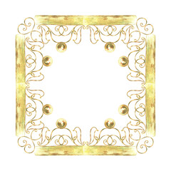 Gold frame with balls of vibrant collection. Isolate is presented for rectangle decorating textiles, prints, packaging. Curls, ribbons elements hand-painted in watercolor with gold paint accents
