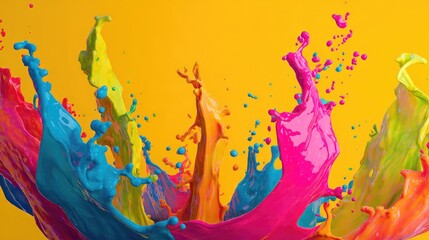 A dynamic burst of colorful paint splashes frozen in motion, featuring vibrant shades of yellow, pink, green, and blue with flying droplets creating a vivid, abstract composition.
