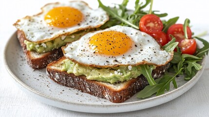 Fried eggs over avocado toast with cherry tomatoes and arugula on plate