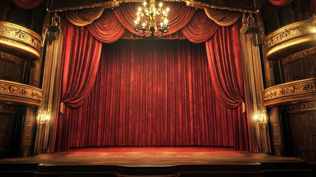 Grand theater stage with dramatic curtain opening and elegant chandelier