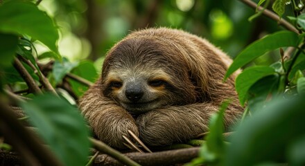 Adorable Sloth Resting Serene in Lush Rainforest Canopy Peaceful Wildlife Scene