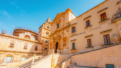 Noto, with the Basilica Minore di San Nicolo and Palazzo Ducezio, Sicily, Italy.
