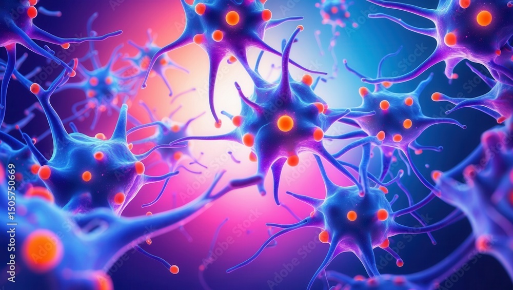 Poster abstract visualization of neural network connections with glowing nodes in vibrant blue and pink ton