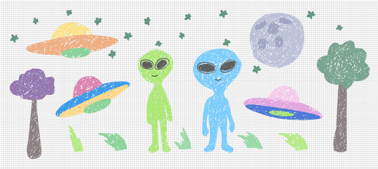 Aliens and UFOs Crayon Drawing Featuring green and blue aliens, colorful UFOs, and a starry grid background with trees and a moon