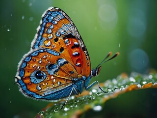 Macro Photograph of a Vibrant Butterfly with Bright Orange and Blue Wings Covered in Dew on Leaf