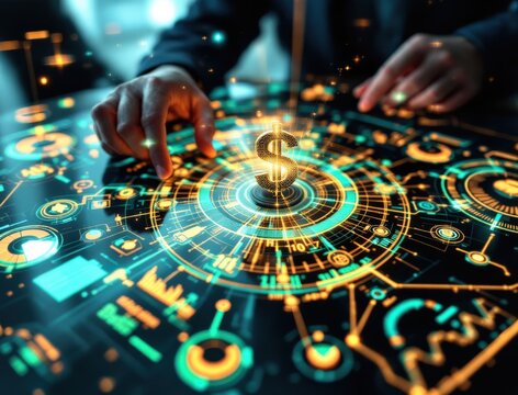 Futuristic digital interface with financial data and a dollar symbol, manipulated by hands, symbolizing technology-driven finance.