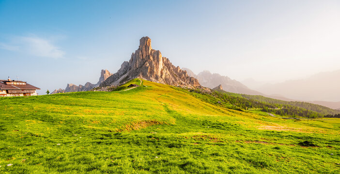 Ra Gusela Peak of Nuvolau group in the Italian Dolomites mountain at Giau Pass in South Tyrol Italy.