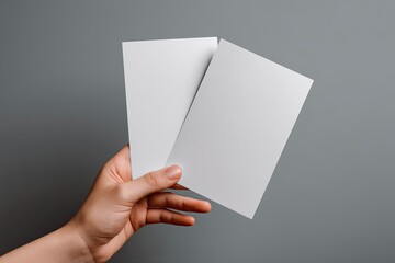 Blank cards held in hand against a gray backdrop