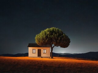 Minimalist Night Landscape with Orange Tree and Small House Ai
